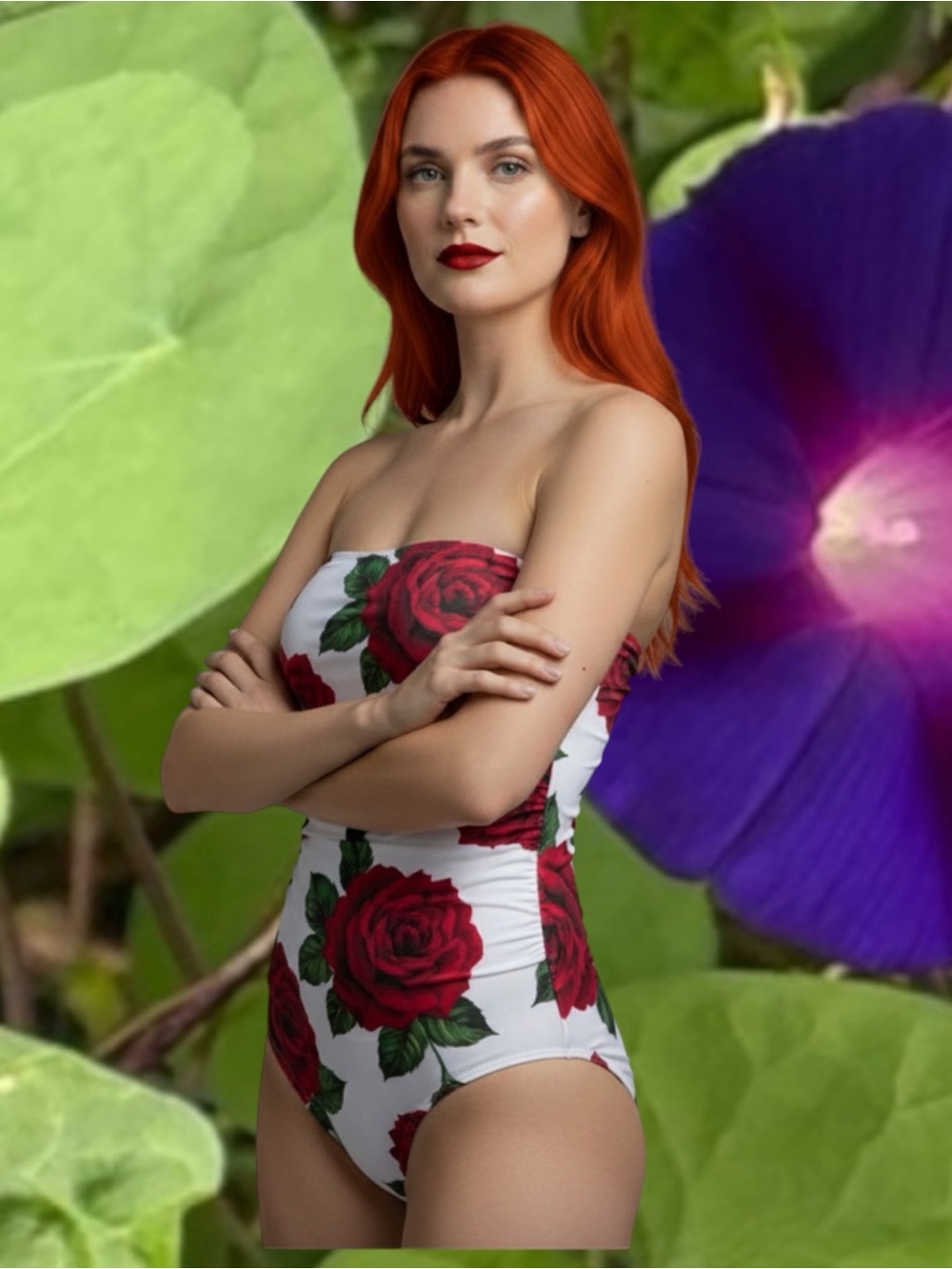 Jantzen White Bandeau Swimsuit with Red Rose Print